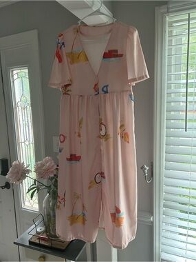 Pink Button-Front Midi Dress with Playful Print